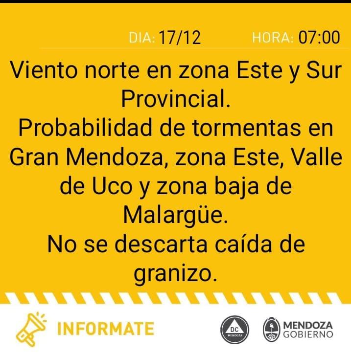 Alerta amarilla por tormentas en Mendoza.