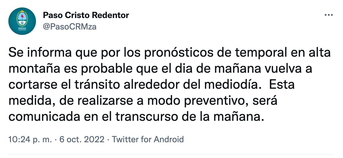 Alerta por posible cierre del paso a Chile por mal tiempo en la cordillera.