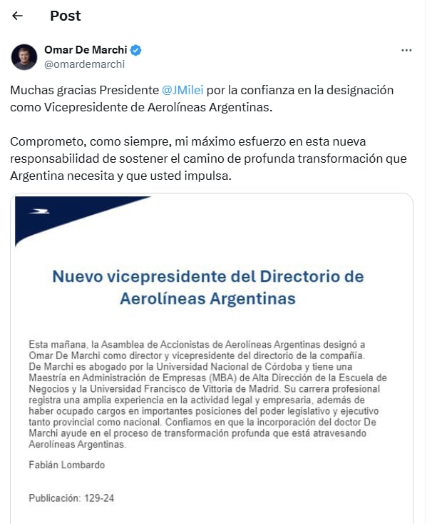 Omar De Marchi le agradeció al presidente Javier Milei por su designación en Aerolíneas Argentinas. Foto: Captura.