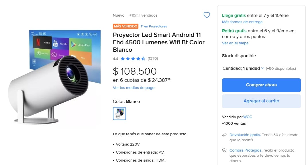 En nuestro país el mismo modelo se encuentra en Mercado Libre a un precio de $108.500 argentinos.
