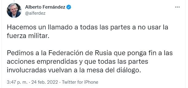 El comunicado de Alberto Fernández a través de Twitter. 