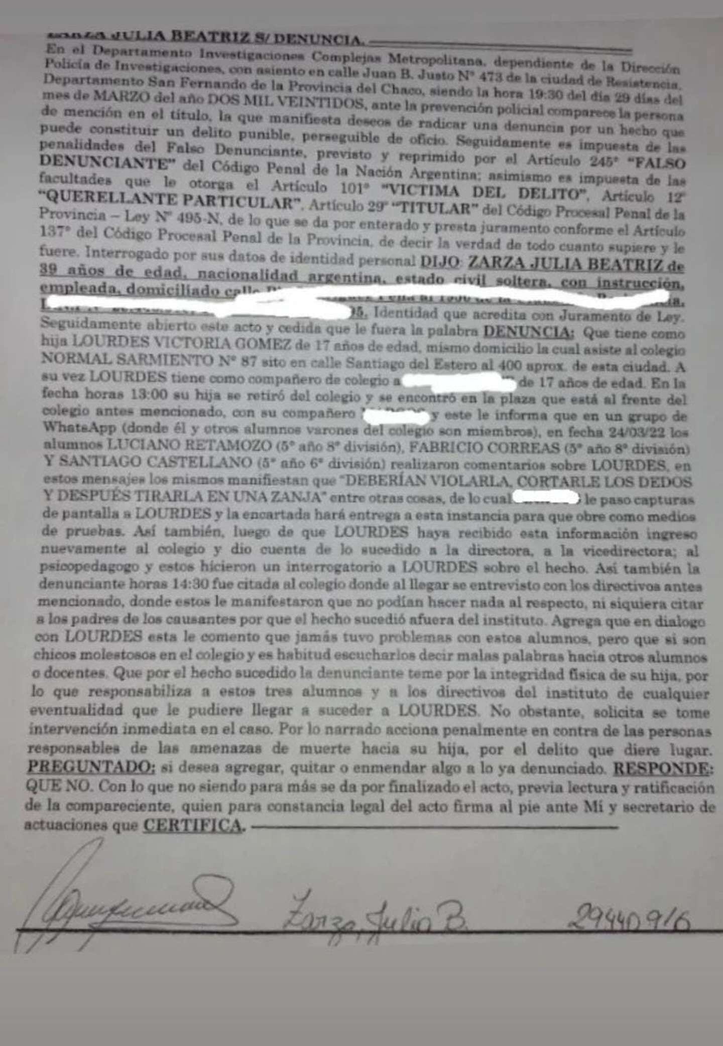 Alumnos afirmaron en un grupo de Whatsapp que iban a violar y mutilar a una compañera.