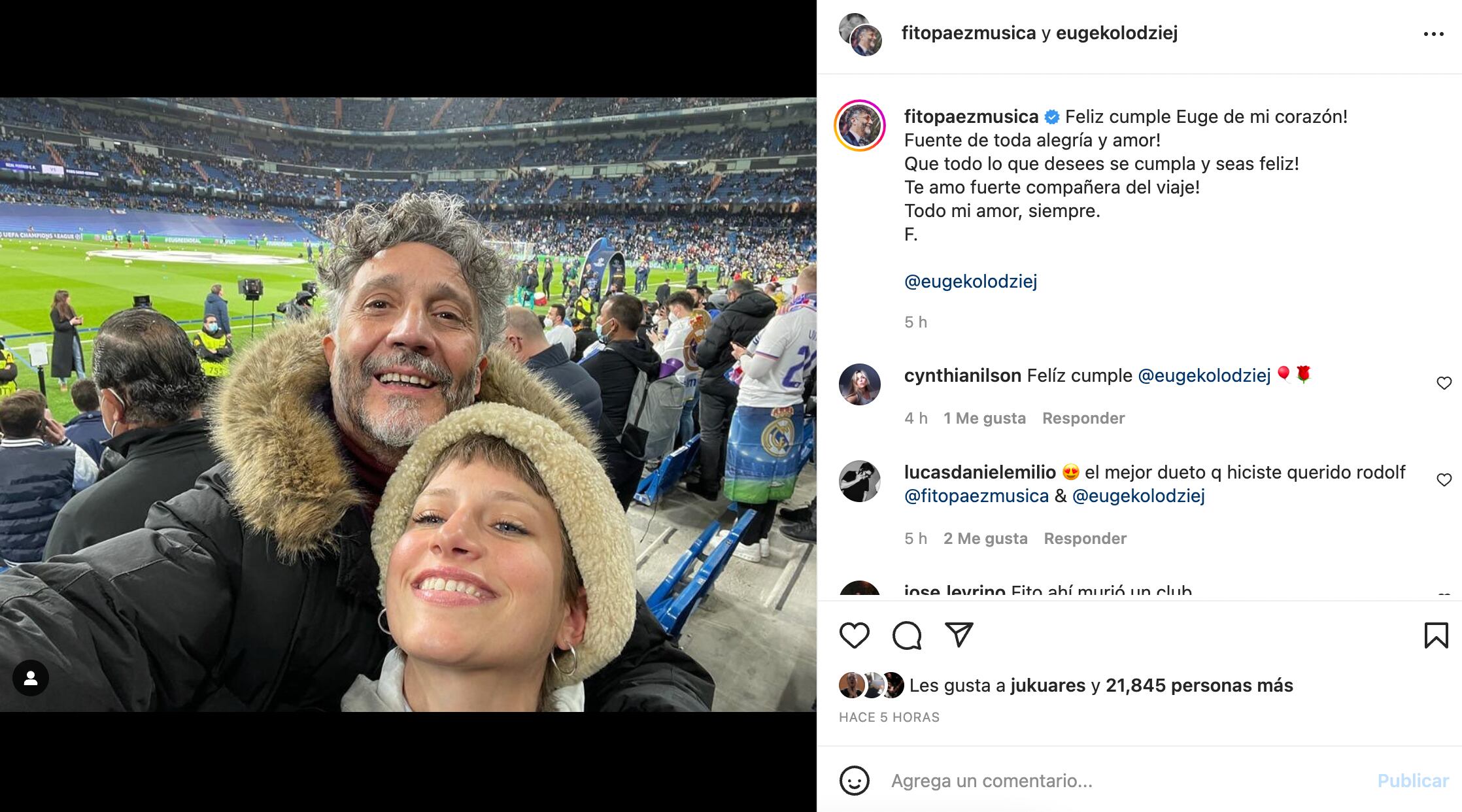 La publicación en Instagram de Fito por el cumpleaños de Eugenia.