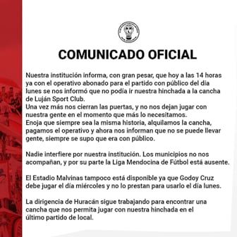 Comunicado oficial de Huracán Las Heras.