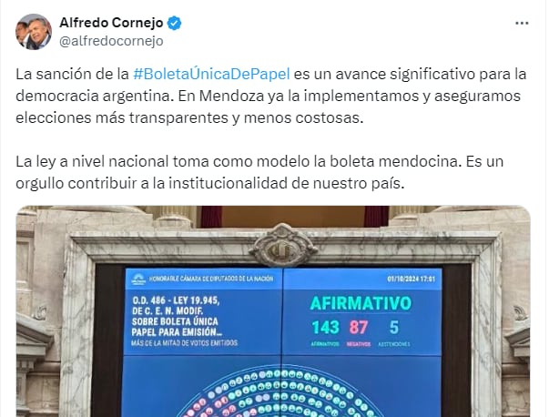 El gobernador Alfredo Cornejo siguió el resultado de la votación desde Inglaterra.