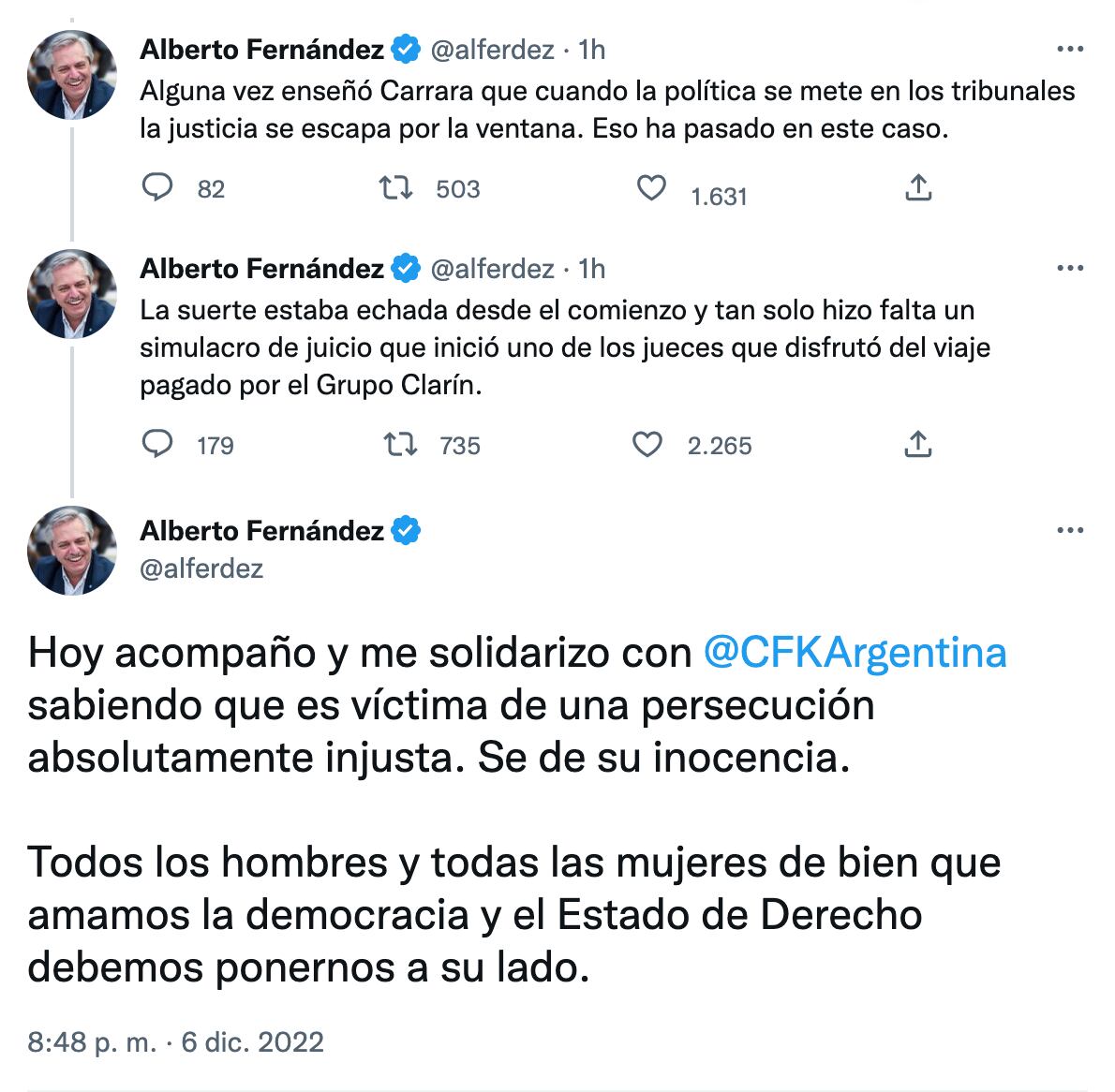 Mensaje del presidente Alberto Fernández tras la conde a Cristina Kirchner. Fuente: Twitter