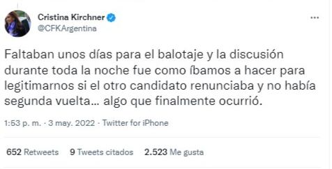 Cristina Kirchner cuestionó la 'legitimidad de la gestión', tras una dura publicación en Twitter.