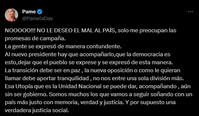 Pamela David salió a aclarar sus dichos sobre Javier Milei