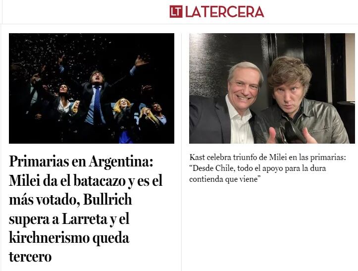 Medios internacionales reaccionaron al triunfo de Javier Milei en las elecciones PASO 2023 (La Tercera, Chile)