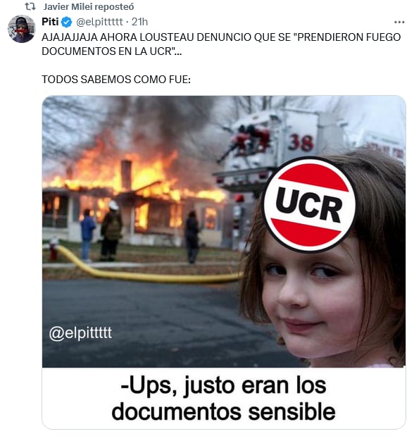 El Presidente vinculó la vandalización de la sede de la UCR en Buenos Aires a Martín Lousteau. X