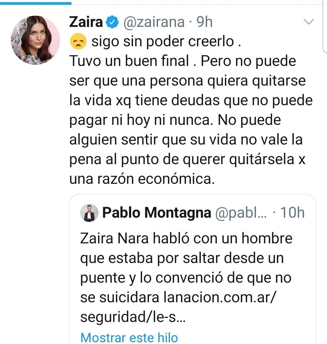 Zaira Nara le salvó la vida a un hombre que estaba colgado en un puente.