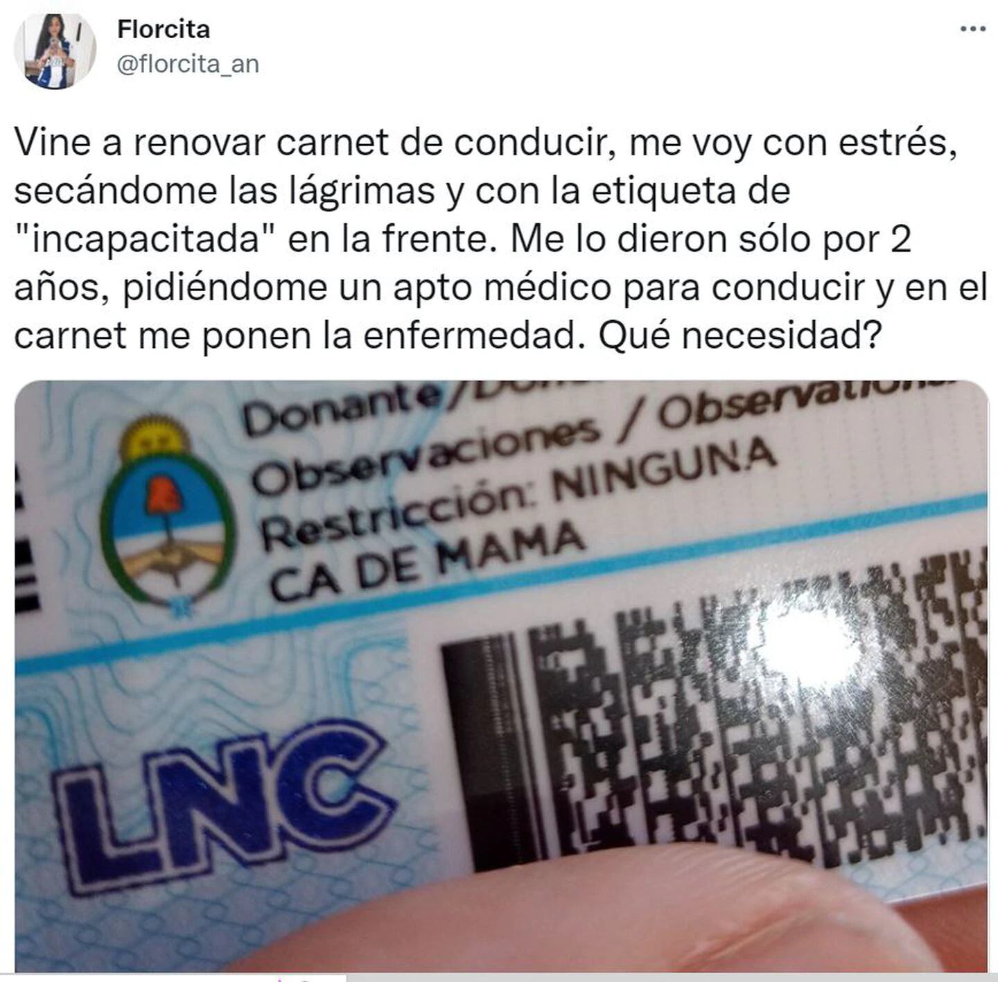 Florencia fue a renovar su carnet de conducir y la calificaron de “incapacitada” porque tuvo cáncer de mama. / Foto: Twitter