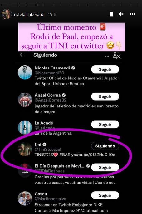 Rodrigo de Paul comenzó a seguir a Tini Stoessel en Twitter.