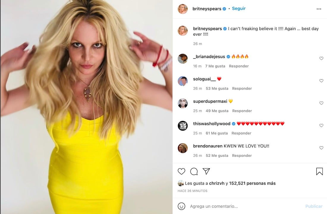 Britney Spears celebró en sus redes que es libre de la tutela legal de su padre.