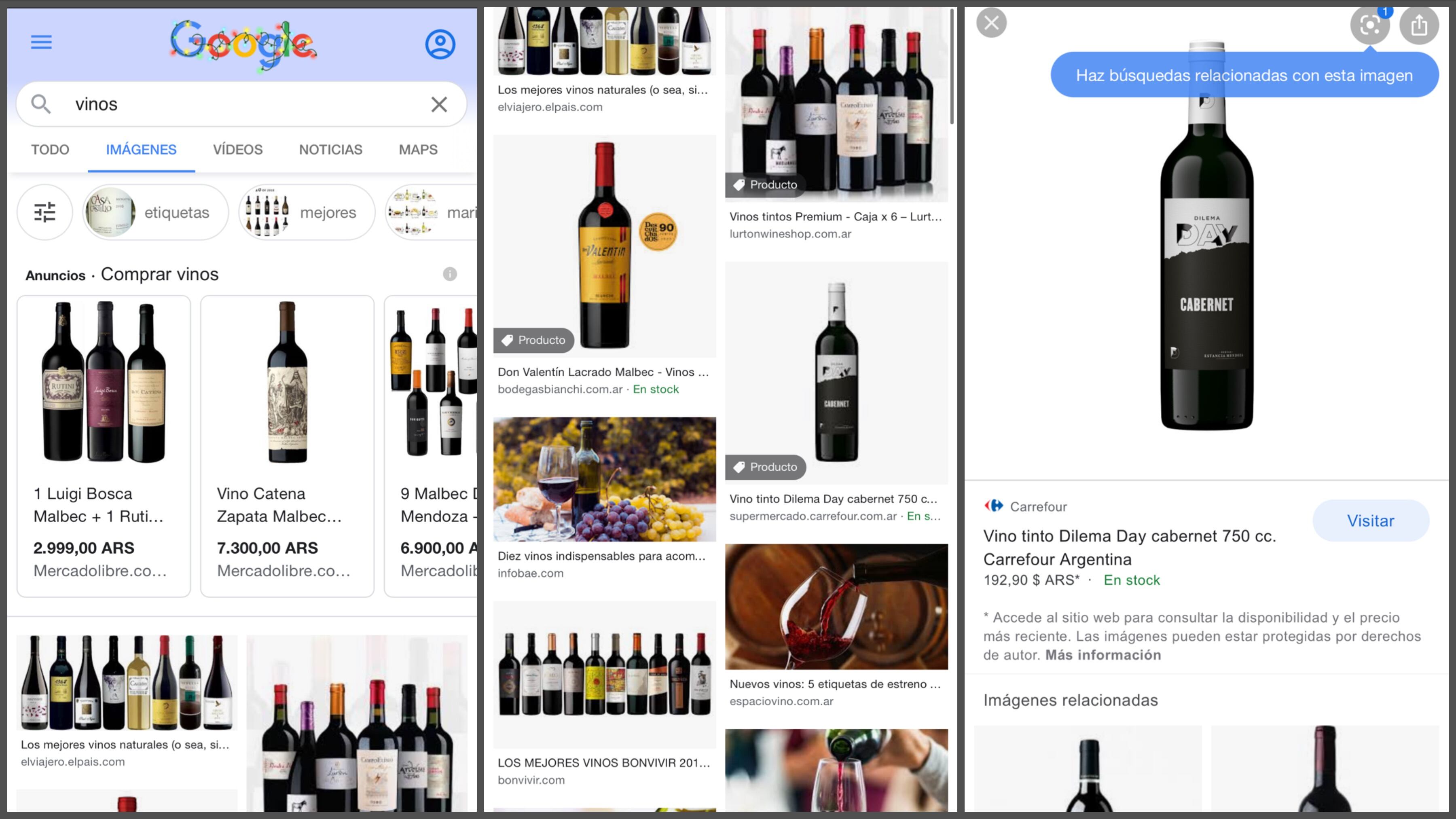 En la versión móvil se muestran más sugerencias sobre una imagen y si se asocia a un producto muestra precio y donde comprarlo. 