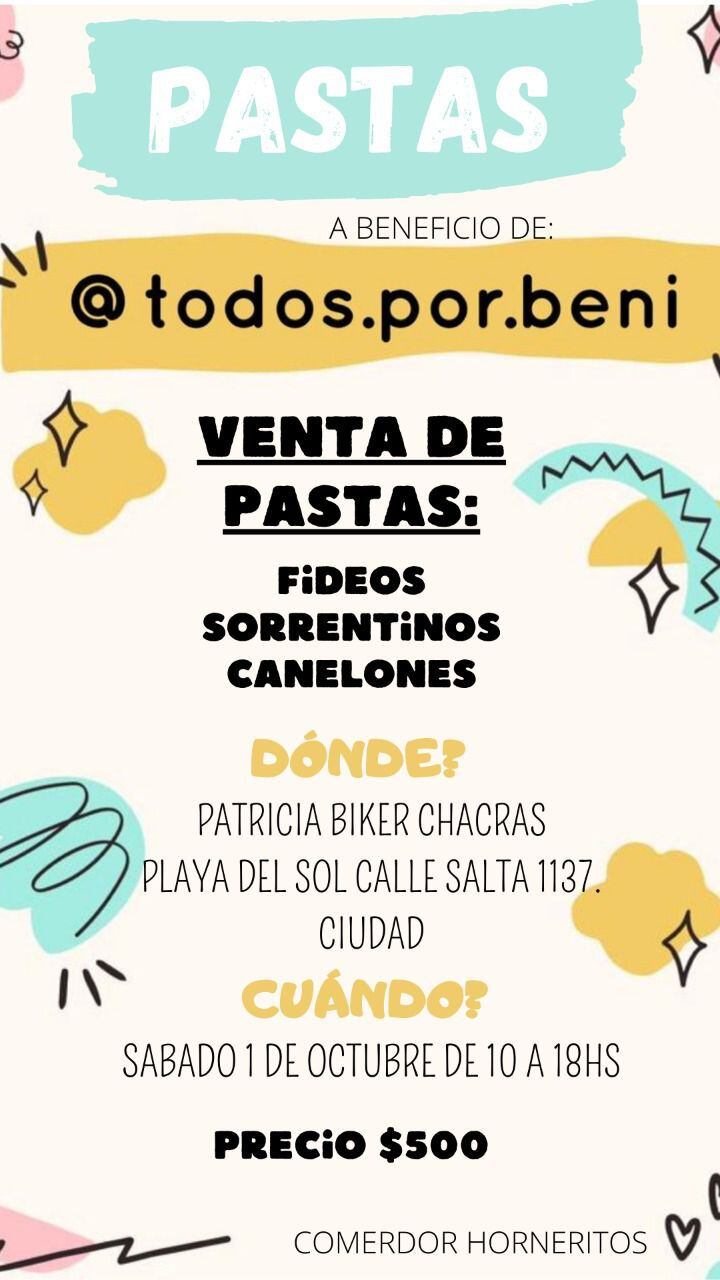 Pastas a beneficio de Beni. Foto: Instagram/@todos.por.beni