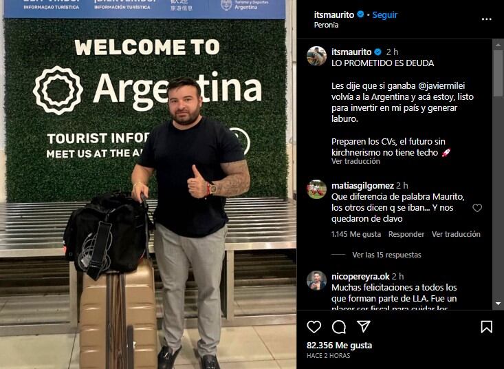 La publicación de Mauro Standel en Instagram. Foto: captura. 