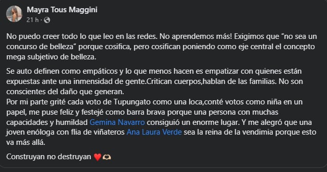 La reina de la Vendimia 2023 se defiende de los increíbles ataques: “Nadie me va a tirar abajo la felicidad”. Foto: Facebook