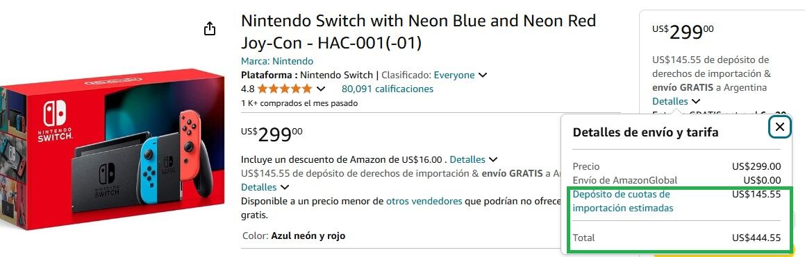 Precio de Nintendo Switch en Amazon el jueves 5 de diciembre, sin aranceles de importación