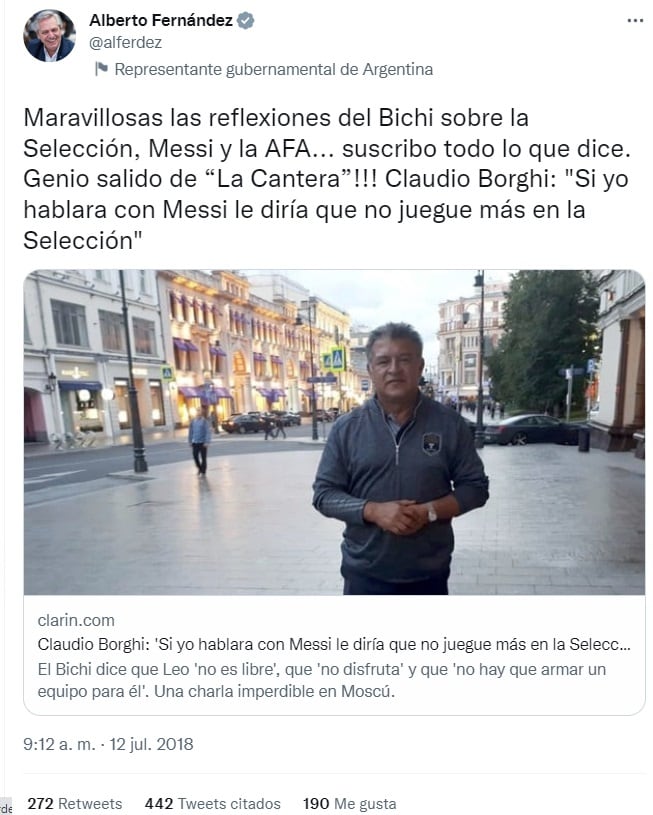 El tuit de 2018 de Alberto Fernández donde avalaba que Messi "no juegue más en la Selección" (Twitter)