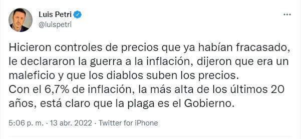 El ex diputado nacional Luis Petri disparó duro contra la inflación