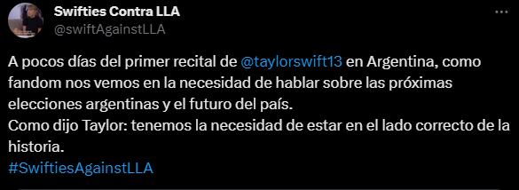 La cuenta @swiftAgainstLLA con casi 400 seguidores compartió el comunicado. Foto: captura.