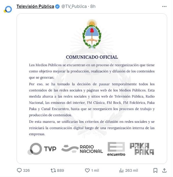 Suspensión de contenidos en redes sociales y páginas web de los medios públicos (X)