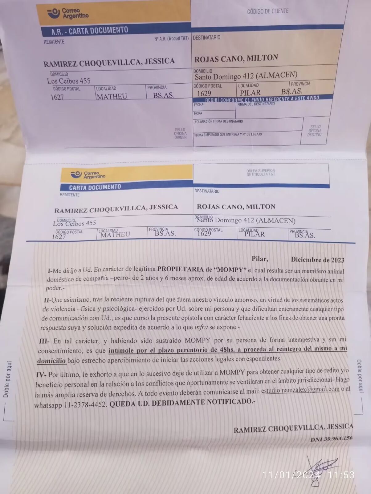 Luego de recibir agresión física, Jessica lo denunció en la fiscalía N° 2 de Pilar. (Gentileza: TN)