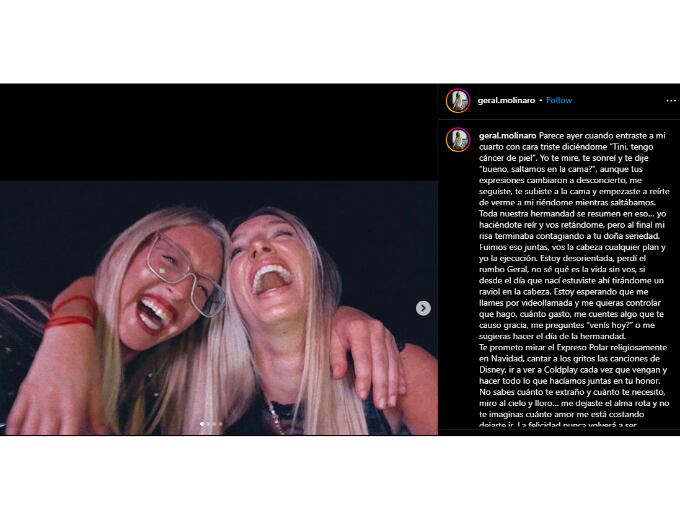 El mensaje de "Tini" su hermana a través de la cuenta de Instagram de Geraldine. Foto: Geraldine Molinaro / Instagram