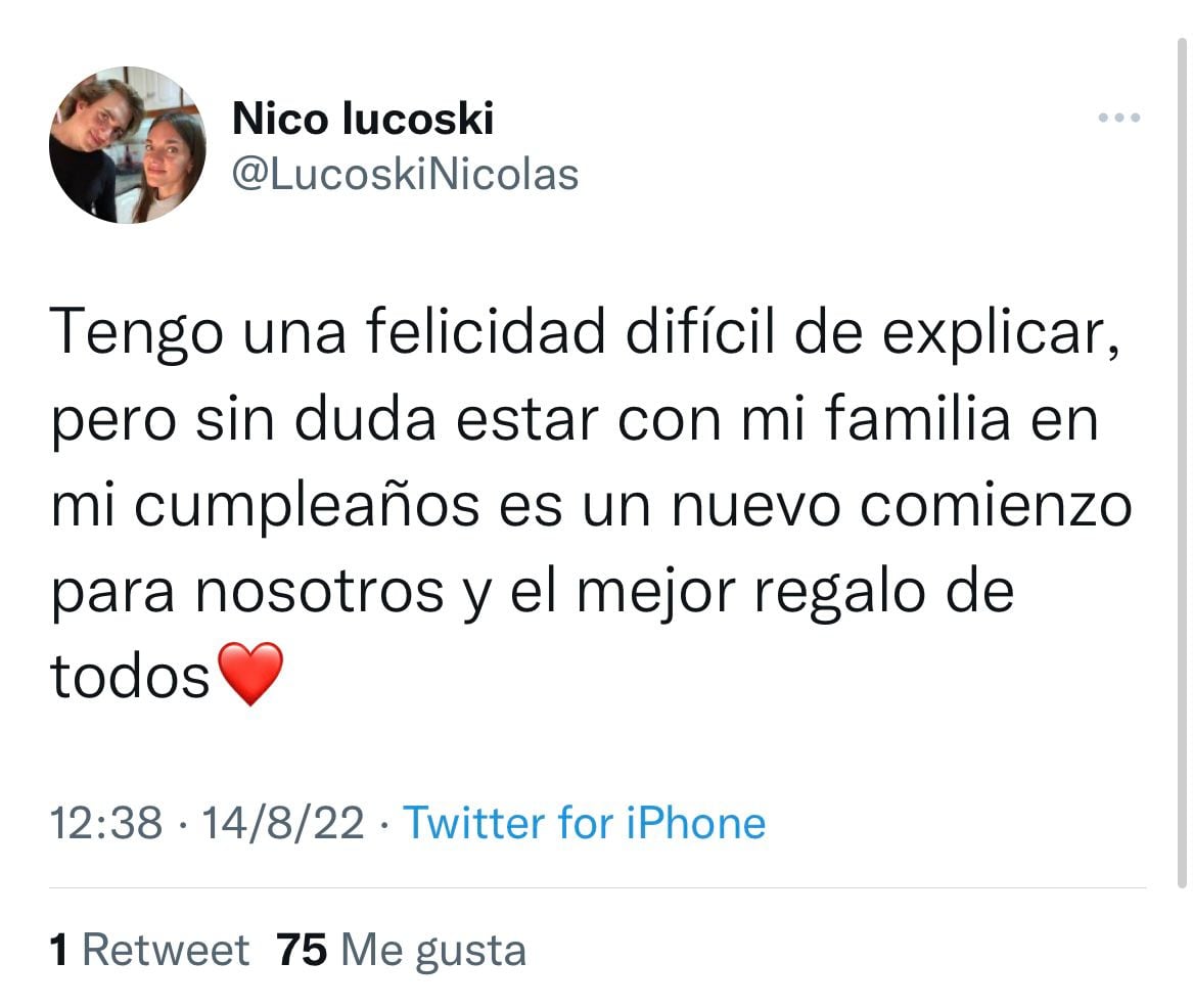 El emotivo mensaje de Nicolás en sus redes sociales.