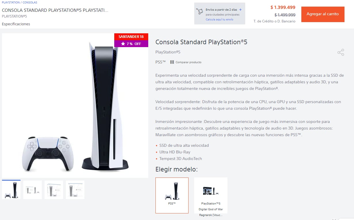 Oferta de Play Station 5 en store.sony.com.ar