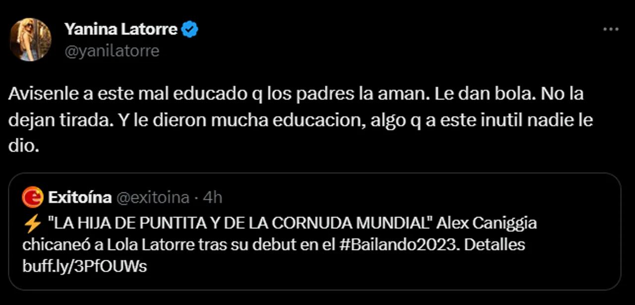 El tuit de Yanina Latorre en respuesta a Alex Caniggia