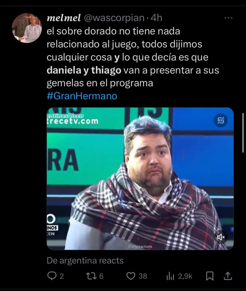 Los memes por el anuncio de Santiago del Moro sobre Thiago y Daniela de Gran Hermano. Captura de pantalla.