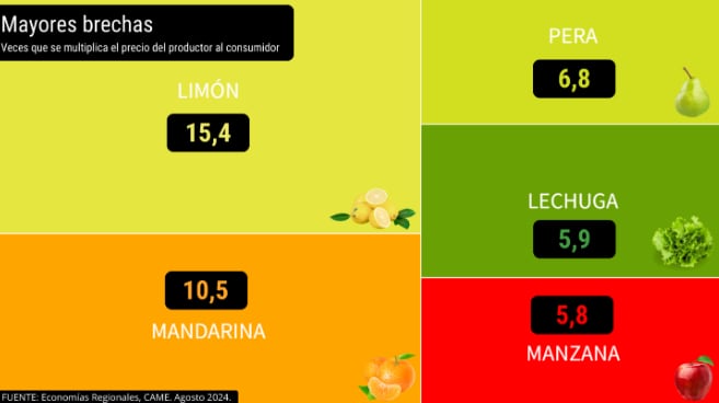 Brechas de precios entre el productor y el consumidor en agosto. Fuente: CAME