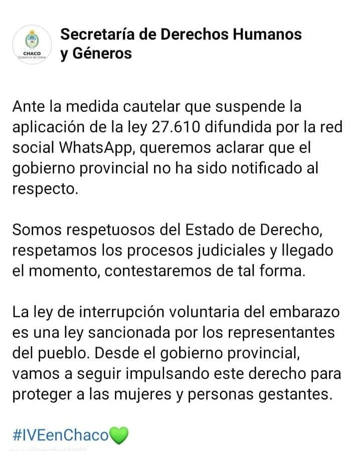 Desde Facebook, se pronunció la Secretaría de Derechos Humanos y Géneros.