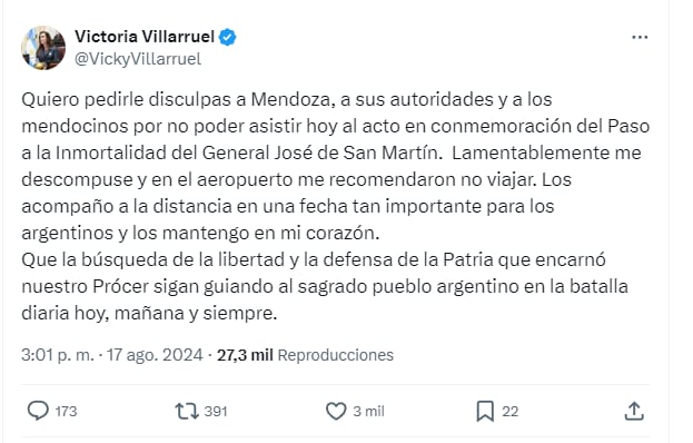 La vicepresidenta se disculpó por no poder viajar a Mendoza. X @vickyvillarruel