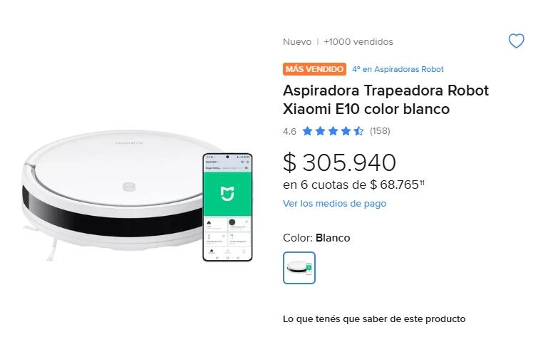 En nuestro país el mismo de aspiradora se encuentra en Mercado Libre a un precio de $305.940 argentinos.