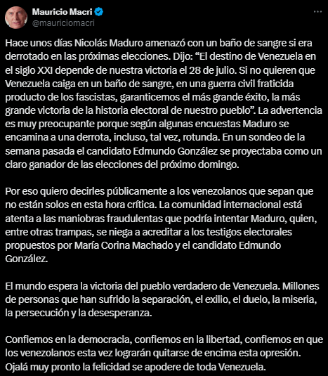 El tuit de Macri sobre las amenazas de Maduro al pueblo venezolano. Foto: captura.