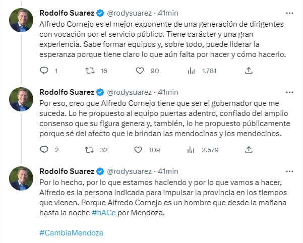 El gobernador Rodolfo Suárez anunció la candidatura de Alfredo Cornejo como su sucesor.