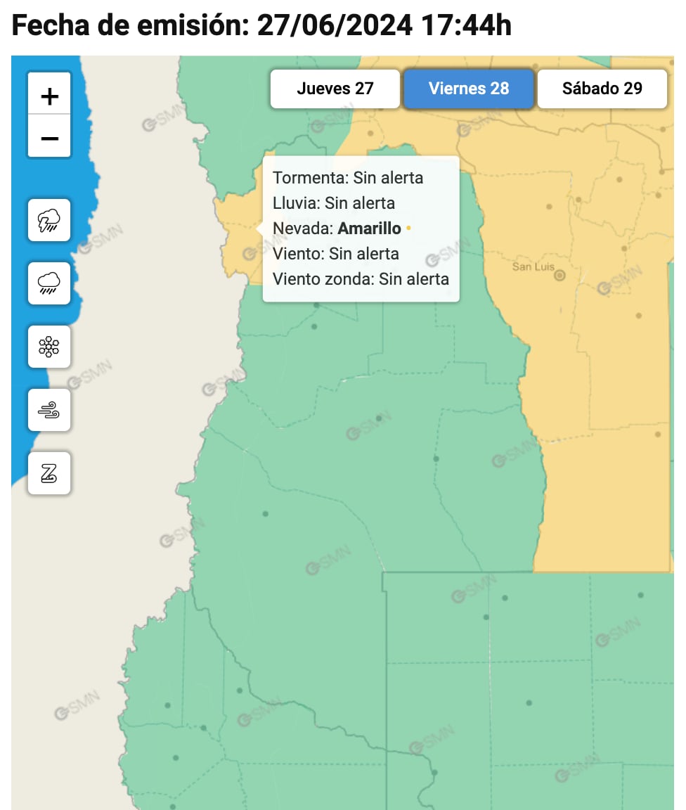 Rige una alerta amarilla por nevadas en alta montaña de Mendoza. Fuente: Servicio Meteorológico Nacional