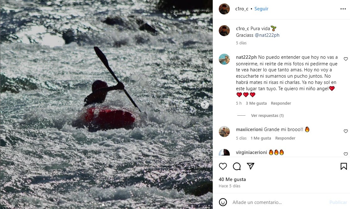 Dolor en las redes por la muerte de Ciro Cottier, el joven que hacía rafting en el río Mendoza (Instagram)