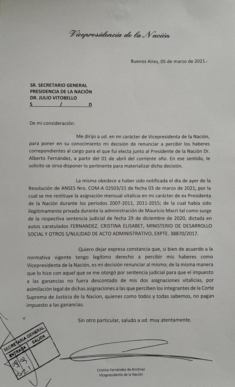 La carta de Cristina Kirchner para el  secretario General de la Presidencia, Julio Vitobello