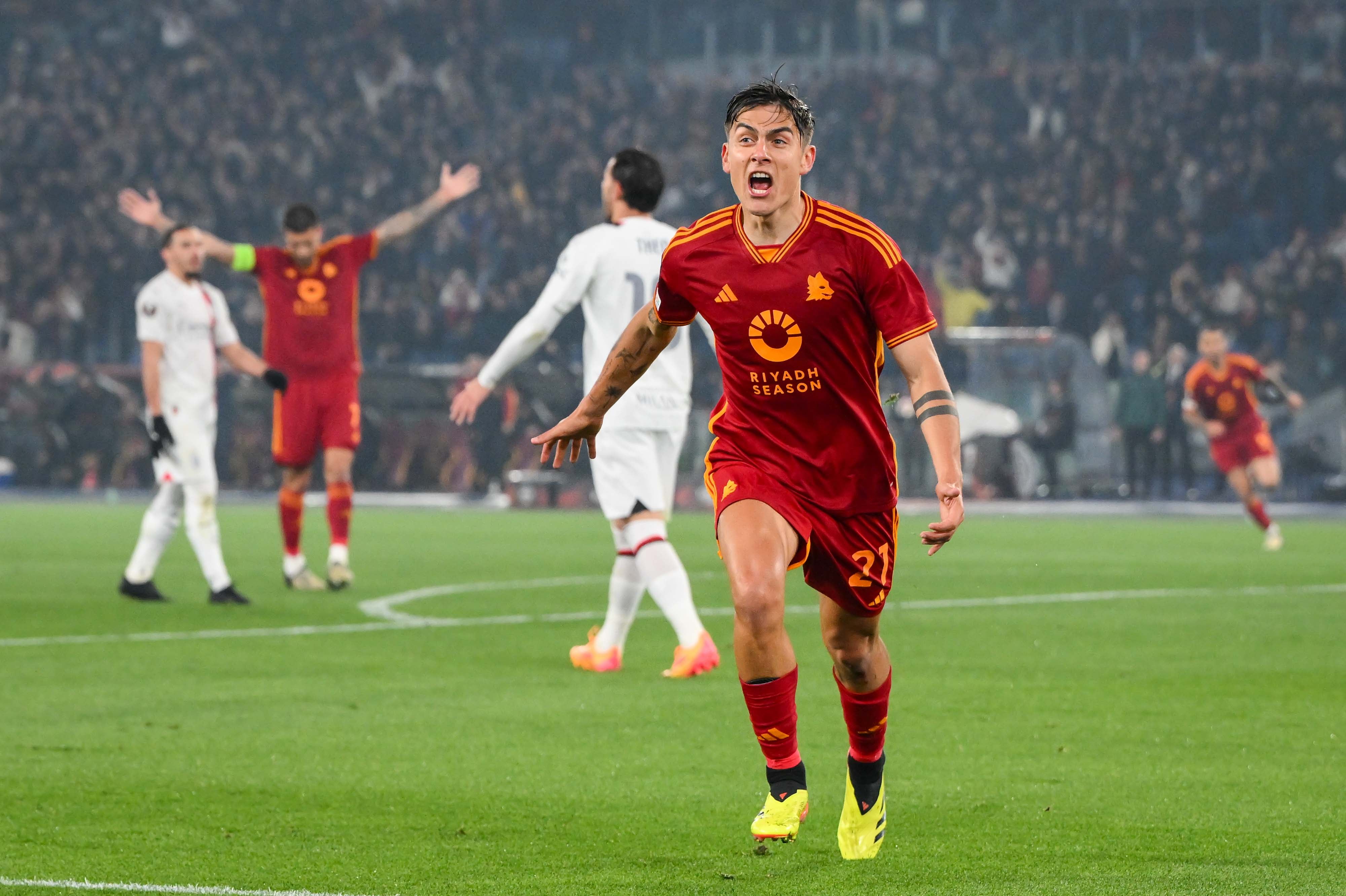 Paulo Dybala y el grito de gol ante AC Milan. (Roma).