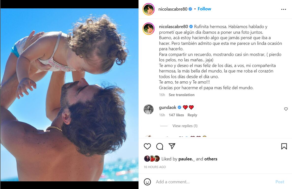 Nico Cabré subió la primera foto con su hija Rufina a Instagram