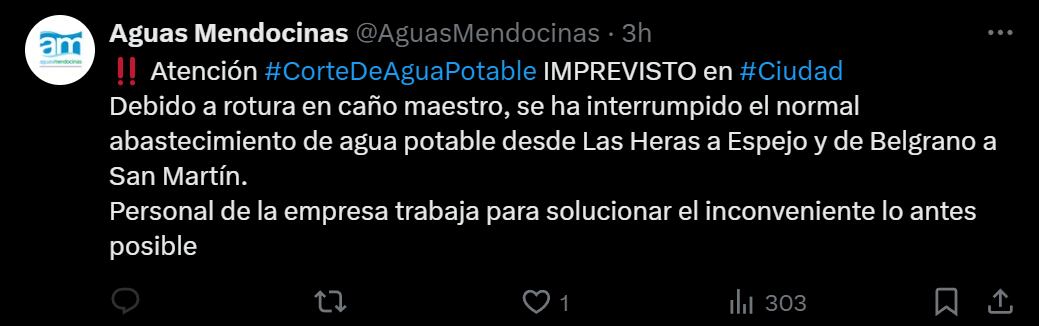 Comunicado de Aguas Mendocinas. Captura: X / @AguasMendico