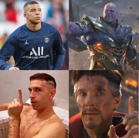 Usuarios de Twitter compararon a Mbappé con Thanos, al Dibu con Doctor Strange, e incluso, a Antonella Roccuzzo con la "Bruja Escarlata". Foto: Twitter.