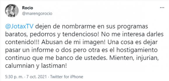 El descargo de Rocío Marengo contra Intrusos en Twitter