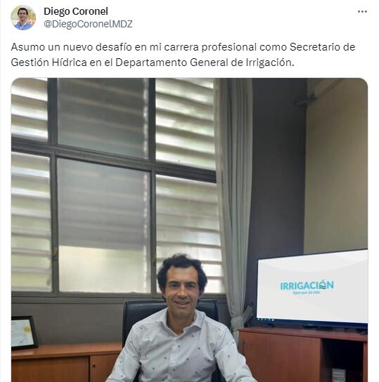 Diego Coronel dejó la Municipalidad de Godoy Cruz para irse a Irrigación.