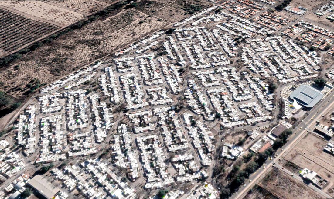 La vista aérea permite distinguir con claridad la forma hexagonal de las manzanas. Foto: Gentileza Municipalidad de San Martín