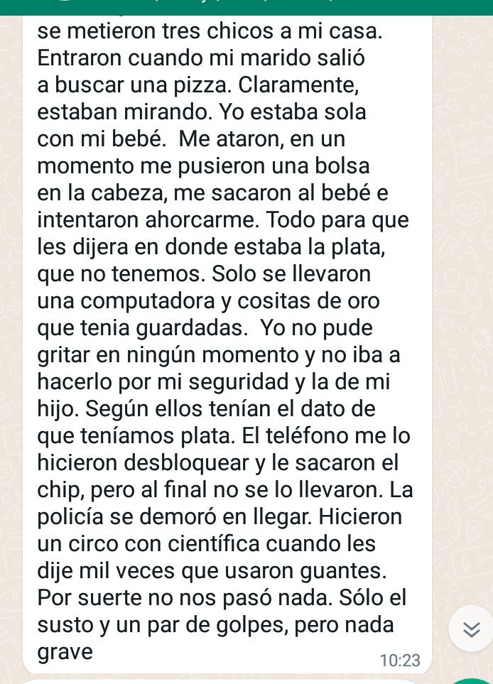 Testimonio de la joven madre que vivió el angustiante robo.